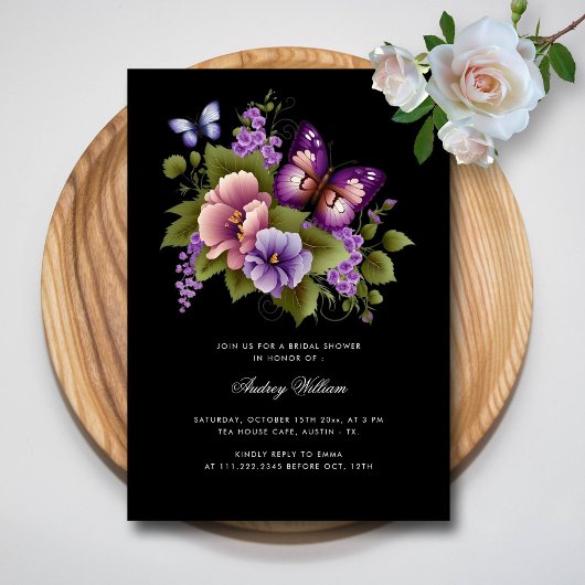 紫エレガント蝶のブライダルシャワー招待 招待状