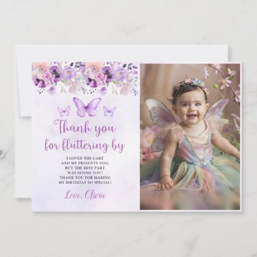 紫エレガント蝶1st誕生日の写真 サンキューカード (正面)