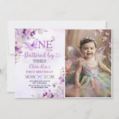 紫エレガント蝶1st誕生日パーティー写真 招待状 (正面)