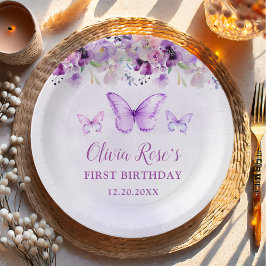 紫エレガント蝶1st誕生日パーティー ペーパープレート