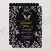 紫エレガント褐色の野花を持つ黒いキャンバス 招待状 (正面/裏面)