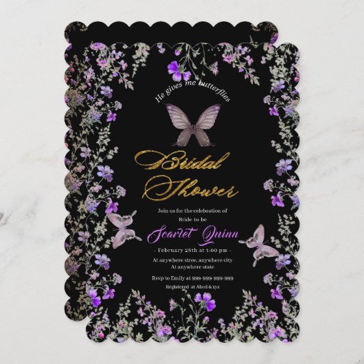 紫エレガント褐色の野花を持つ黒いキャンバス 招待状 (正面/裏面)