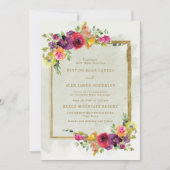 紫エレガント赤フローラグリーン葉金ゴールド 招待状 (正面)