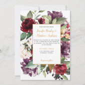 紫エレガント赤金ゴールドフローラ爆発結婚の 招待状 (正面)