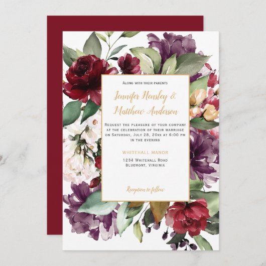 紫エレガント赤金ゴールドフローラ爆発結婚の 招待状 (正面/裏面)