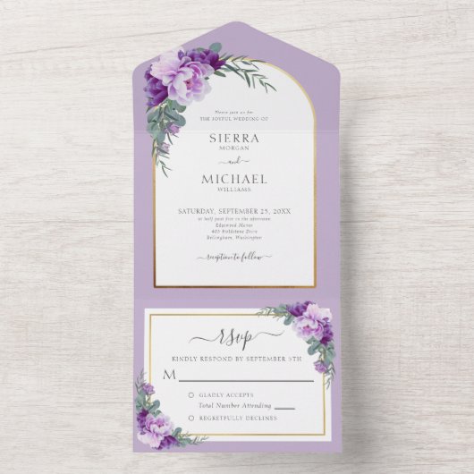 紫エレガント金ゴールドフローラ結婚葉のアーチ オールインワン招待状 (内側)