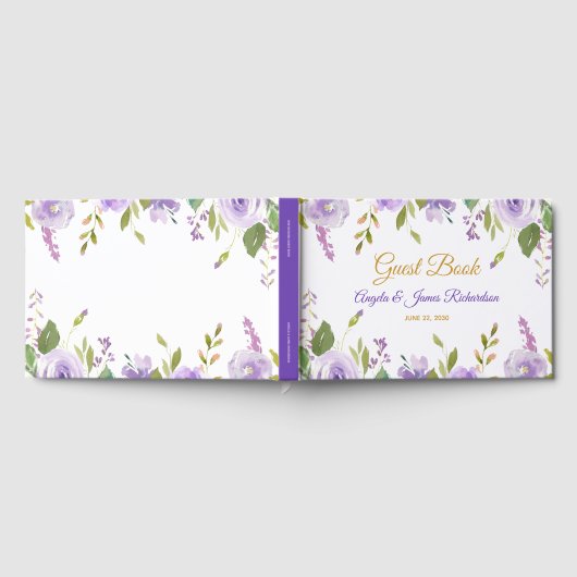 紫エレガント金ゴールド水色フローラ結婚ズ ゲストブック (全面)