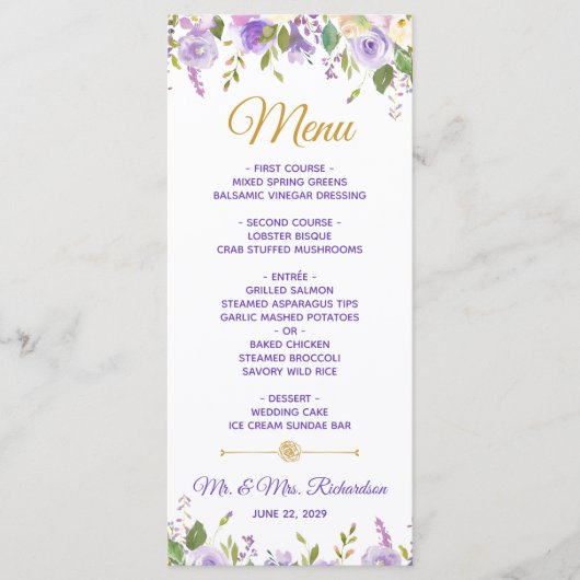 紫エレガント金ゴールド水色フローラ結婚ズ メニュー (正面)