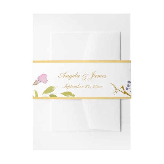 紫エレガント金ゴールド水色フローラ結婚ズ 招待状ベリーバンド (正面例)