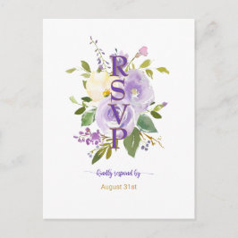 紫エレガント金ゴールド水色フローラ結婚式RSVP インビテーションポストカード