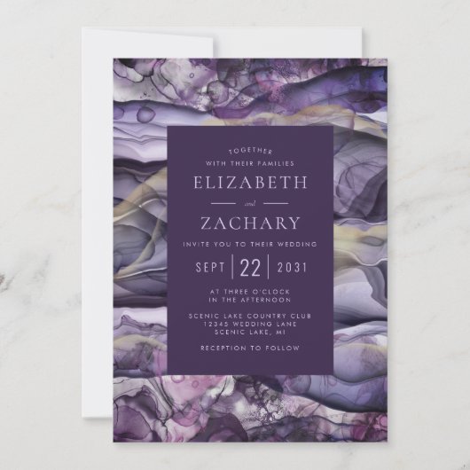 紫エレガント金ゴールド液イン結婚ク 招待状 (正面)