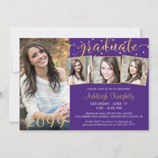 紫エレガント金ゴールド4写真紙吹雪研究科 招待状 (正面)