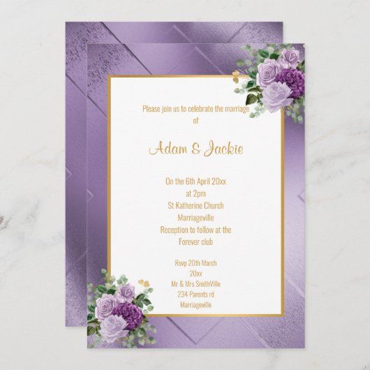 紫エレガント金属バラユーカリ結婚ス 招待状 (正面/裏面)
