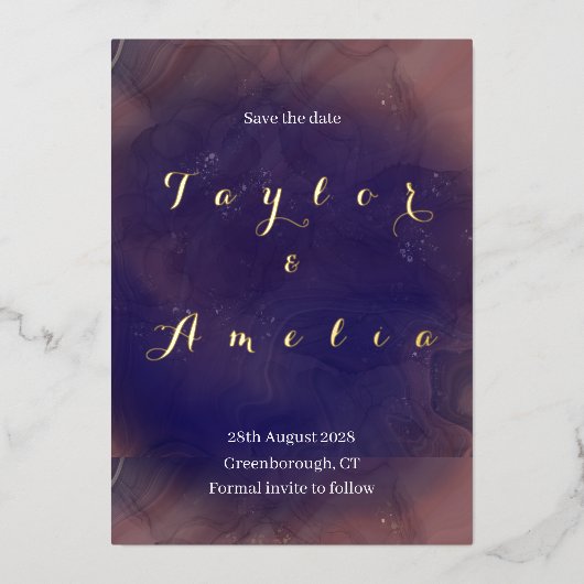 紫エレガント金箔結婚式の日付を保存 箔招待状 (正面)