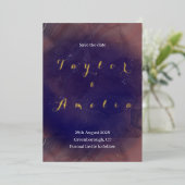 紫エレガント金箔結婚式の日付を保存 箔招待状 (立ち正面)