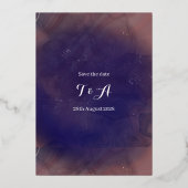 紫エレガント金箔結婚式の日付を保存 箔招待状 (裏面)