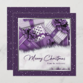 紫エレガント銀ギフト雪クリスマスカード シーズンカード (正面/裏面)