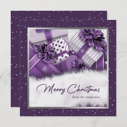 紫エレガント銀ギフト雪クリスマスカード シーズンカード (正面/裏面)