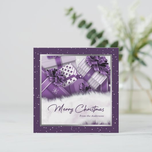 紫エレガント銀ギフト雪クリスマスカード シーズンカード (スタンド正面)