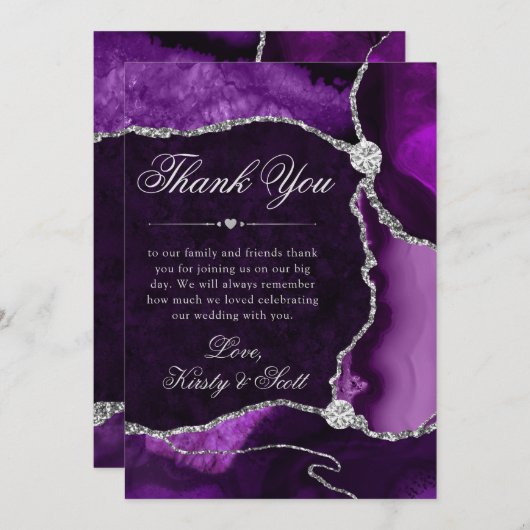 紫エレガント銀グリッターアゲート結婚ト サンキューカード (正面/裏面)