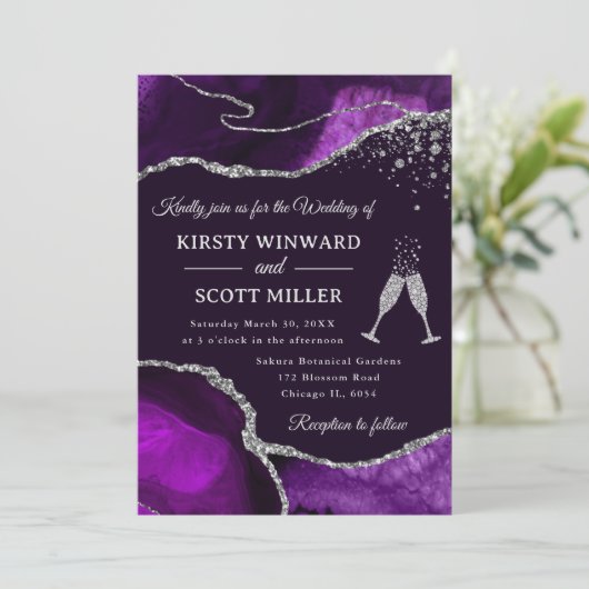 紫エレガント銀グリッターアゲート結婚ト 招待状 (スタンド正面)