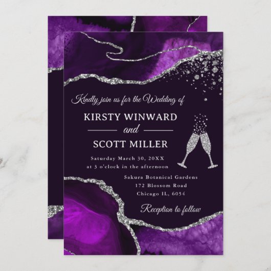 紫エレガント銀グリッターアゲート結婚ト 招待状 (正面/裏面)