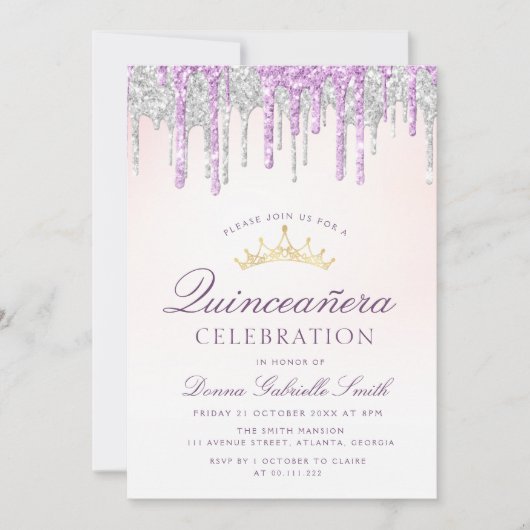 紫エレガント銀グリッター 招待状 (正面)