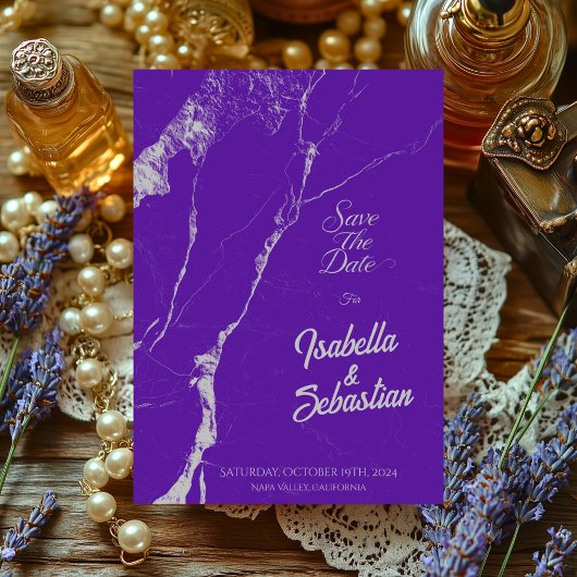 紫エレガント銀大理石Save the Date weeding 招待状