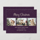 紫エレガント雪3フォトメリークリスマスカード シーズンカード (正面/裏面)