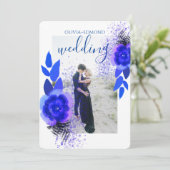 紫エレガント青の花フレーム写真結婚の 招待状 (スタンド正面)