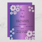 紫エレガント青グラデーションデイジー結婚花 招待状 (正面/裏面)