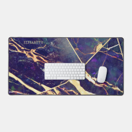 紫エレガント青金ゴールド大理石の追加ネームモノグラム デスクマット