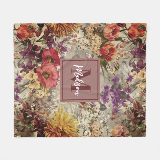 紫エレガント黄フローラグレモノグラムのイ フリースブランケット (正面(横))