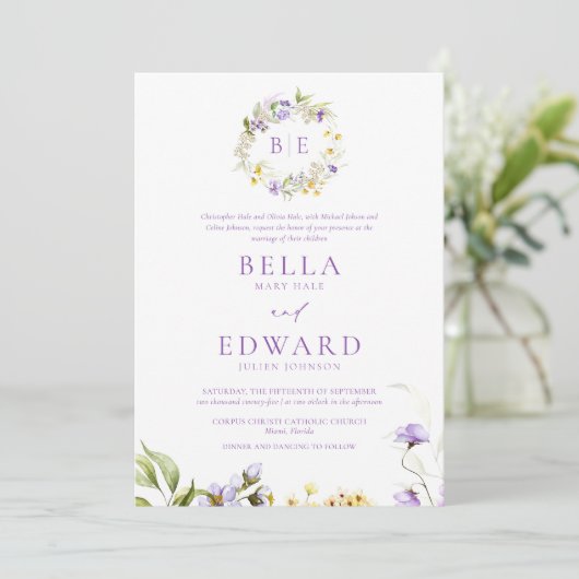 紫エレガント黄フローラフォーマル結婚の 招待状 (スタンド正面)