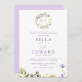 紫エレガント黄フローラフォーマル結婚の 招待状 (正面/裏面)
