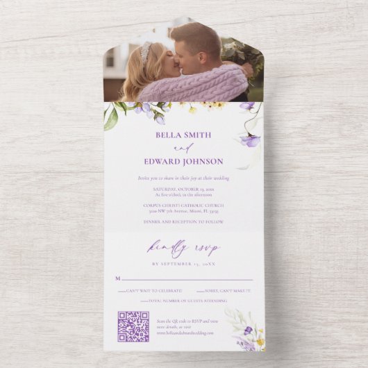 紫エレガント黄フローラ写結婚真 オールインワン招待状 (内側)