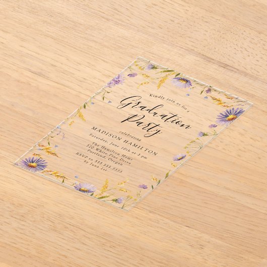 紫エレガント黄フローラ卒業パーティー アクリル招待状 (レイダウン)