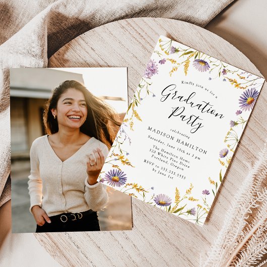 紫エレガント黄フローラ卒業パーティー 招待状