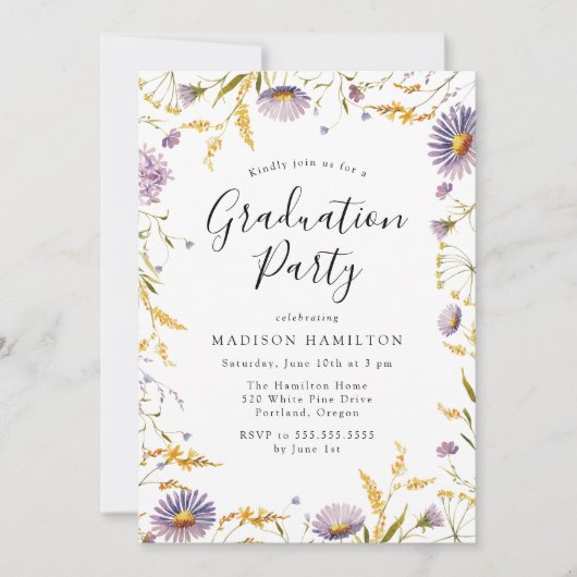 紫エレガント黄フローラ卒業パーティー 招待状 (正面)
