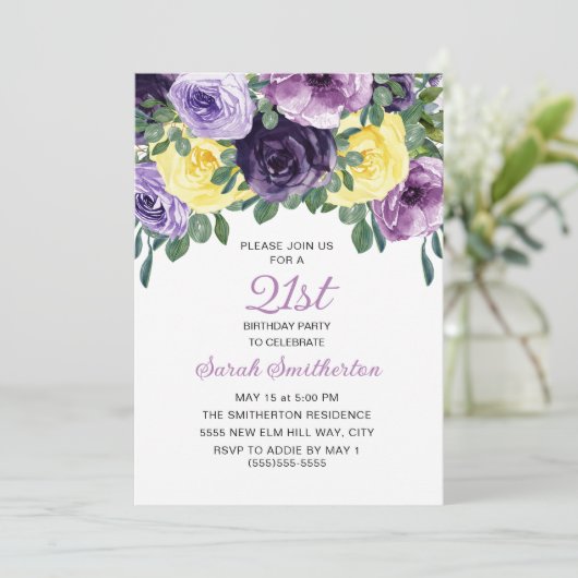 紫エレガント黄フローラ21歳の誕生日 招待状 (スタンド正面)