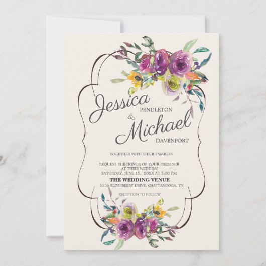 紫エレガント黄色の水の色のフローラ結婚の 招待状 (正面)