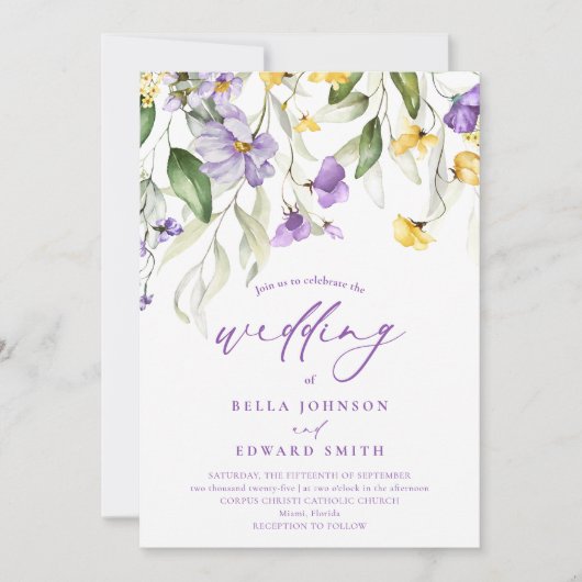 紫エレガント黄色の水の色のフローラ結婚の 招待状 (正面)
