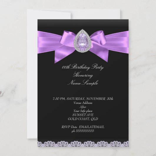紫エレガント黒玉写真誕生日パーティー 招待状 (裏面)
