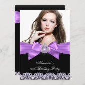 紫エレガント黒玉写真誕生日パーティー 招待状 (正面/裏面)