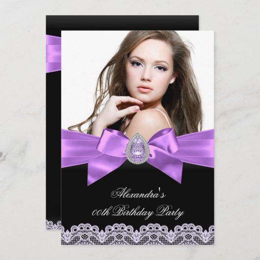 紫エレガント黒玉写真誕生日パーティー 招待状 (正面/裏面)