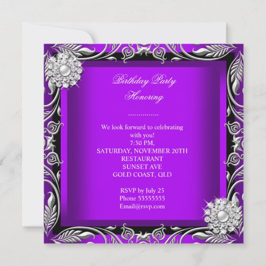 紫エレガント黒王室の銀の誕生日パーティー 招待状 (裏面)