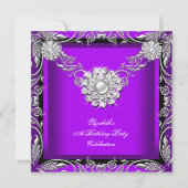 紫エレガント黒王室の銀の誕生日パーティー 招待状 (正面)