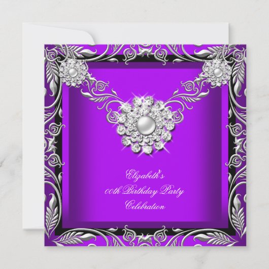 紫エレガント黒王室の銀の誕生日パーティー 招待状 (正面)