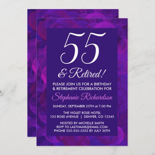 紫エレガント55と除退職した職パーティー 招待状 (正面/裏面)