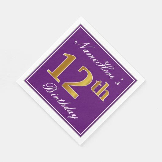 紫エレガント、フェイク金ゴールド12番目の誕生日+名前 スタンダードランチョンナプキン (角)